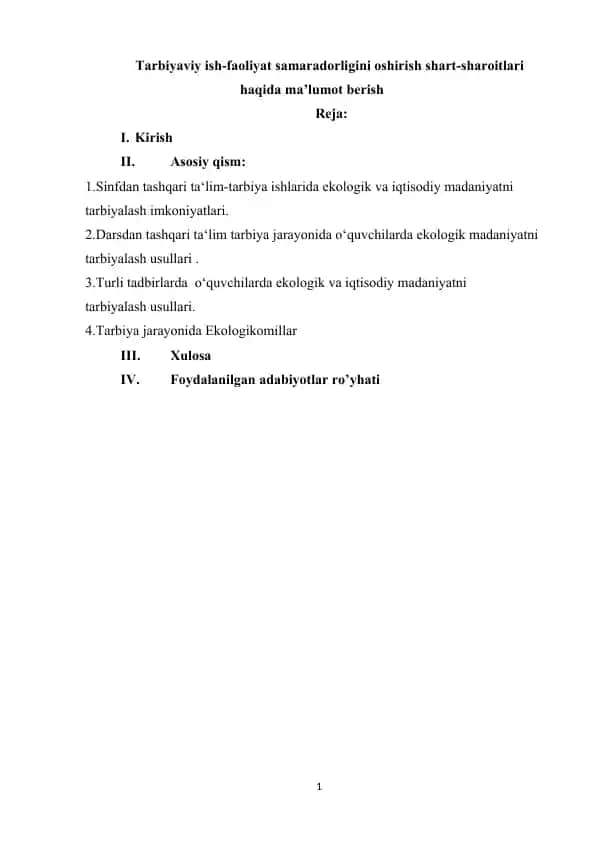 Ekologik va Iqtisodiy Madaniyatni Tarbiyalash Shartlari