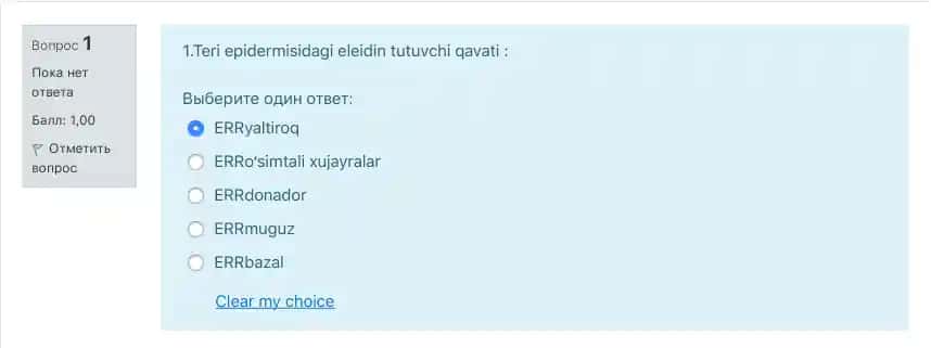 Dermatologiya sinovlari bo'yicha test savollar to'plami