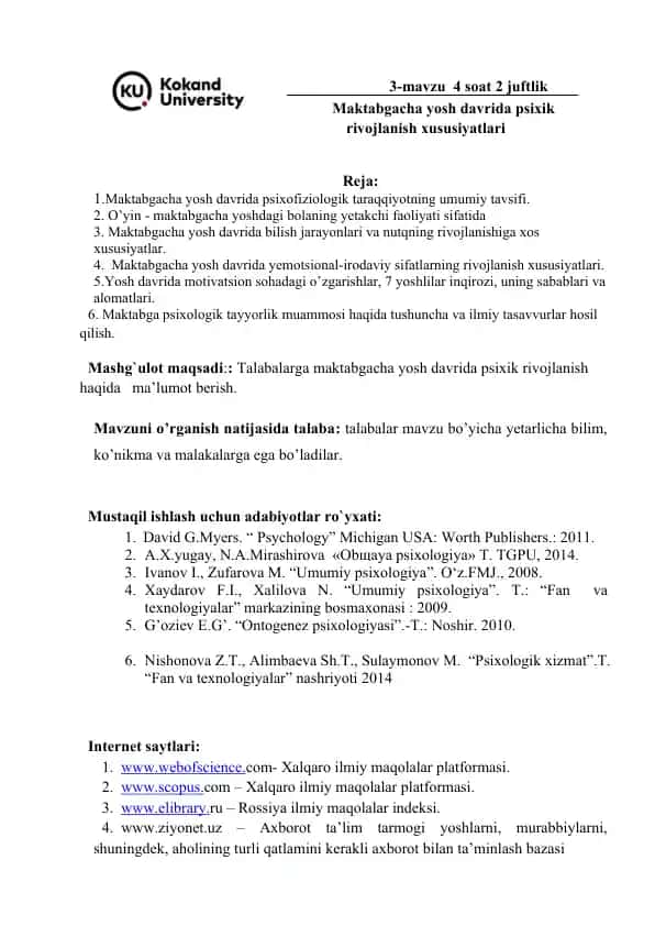 Maktabgacha yosh davrida psixofiziologik taraqqiyotning umumiy tavsifi