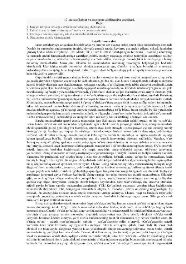 Tabiat va texnogen tsivilizatsiya estetikasi