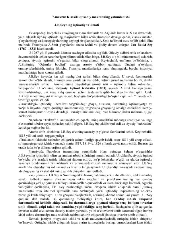 Klassik iqtisodiy maktab va J.B.Sey iqtisodiy ta’limoti