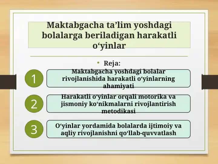 Maktabgacha ta’lim yoshdagi bolalarga beriladigan harakatli o‘yinlar