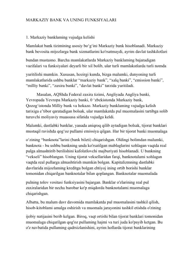 Markaziy Bank va uning Funksiyalari