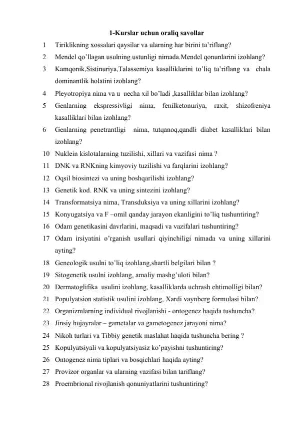 1-Kurslar uchun oraliq savollar