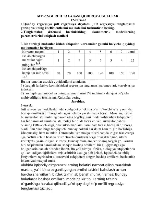 Darajali funktsiya ko‘rinishidagi regressiya modeli