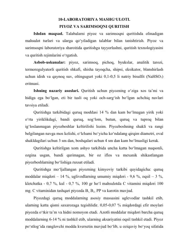 Laboratoriya mashg'uloti - Piyoz va sarimsoqni quritish