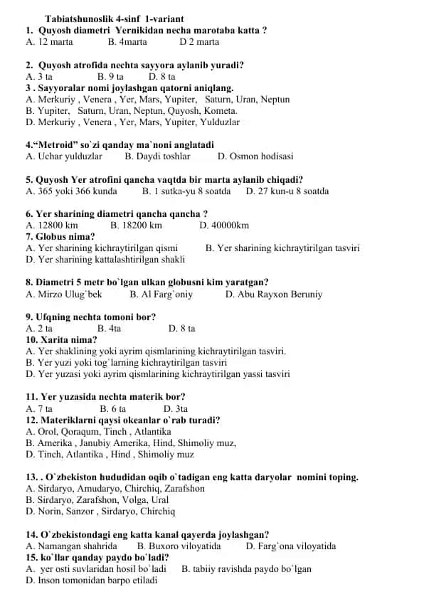 Tabiatshunoslik 4-sinf 1-variant