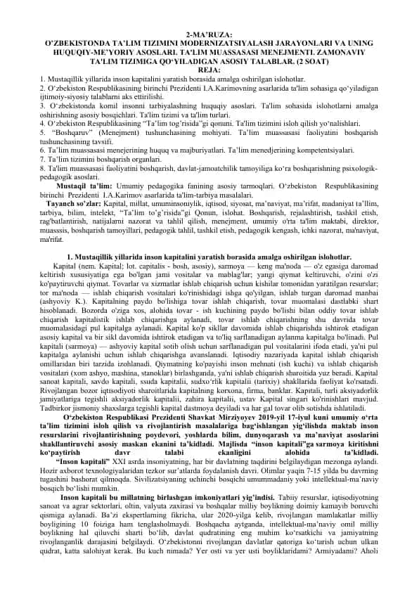 O'zbekistonda Ta'lim Tizimini Modernizatsiyalash Jarayonlari va Uning Huquqiy-Me'yoriy Asoslari