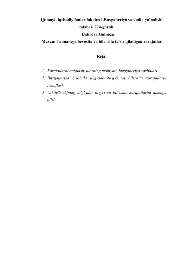 Tannarxga bevosita va bilvosita ta'sir qiladigan xarajatlar