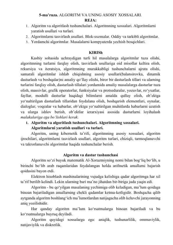 ALGORITM VA UNING ASOSIY XOSSALARI