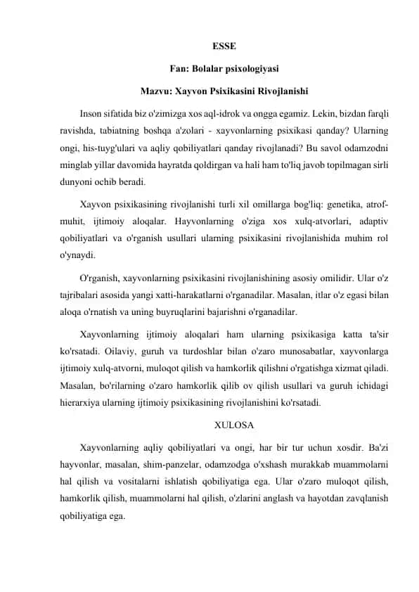 Xayvon Psixikasini Rivojlanishi