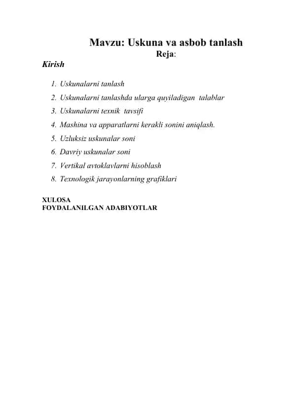 Uskunalarni Tanlash