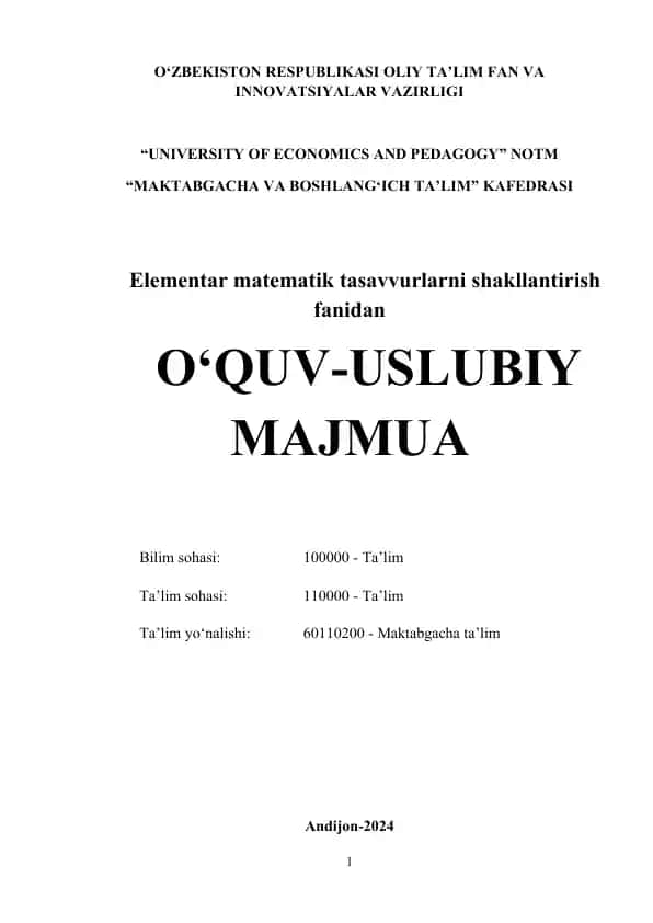 Elementar matematik tasavvurlarni shakllantirish fanidan