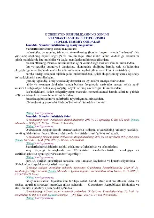Standartlashtirish to‘g‘risida O‘zbekiston Respublikasi qonuni