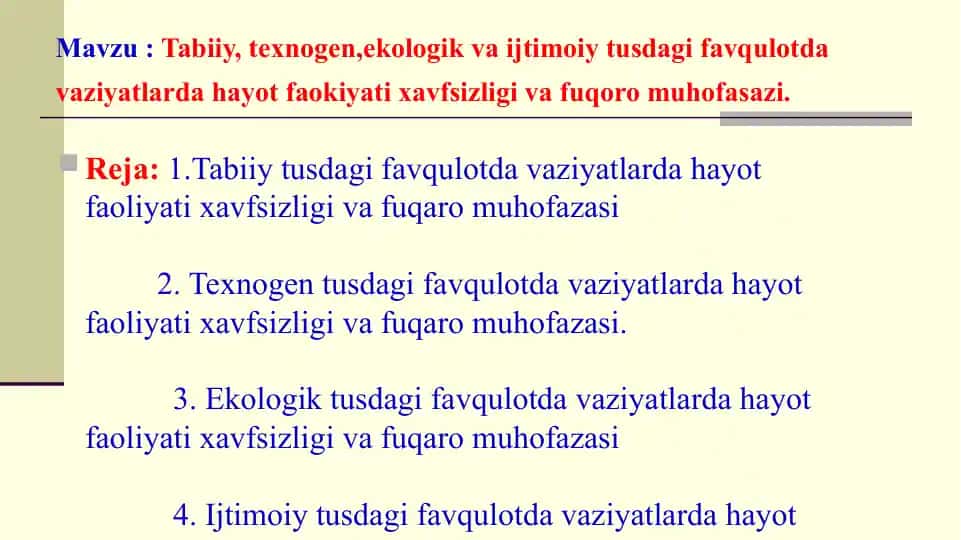 Tabiiy, texnogen, ekologik va ijtimoiy tusdagi favqulotda vaziyatlarda hayot faokiyati xavfsizligi va fuqoro muhofasazi