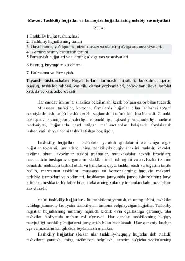 Tashkiliy hujjatlar va farmoyish hujjatlarining uslubiy xususiyatlari