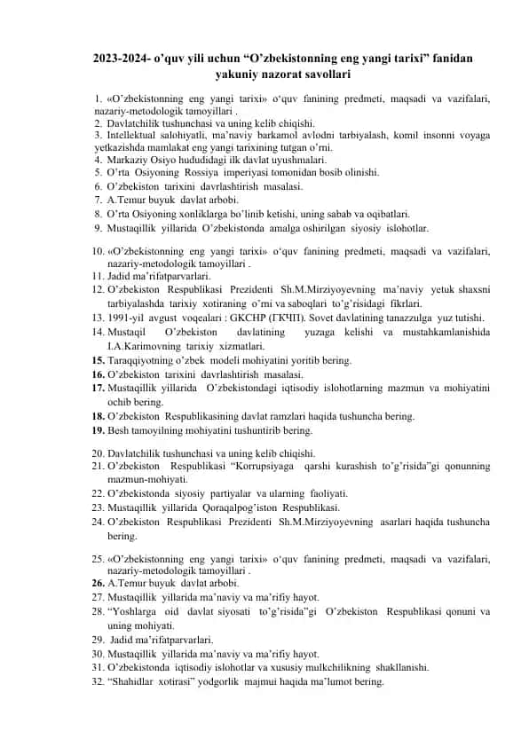 "O’zbekistonning eng yangi tarixi" fanidan yakuniy nazorat savollari
