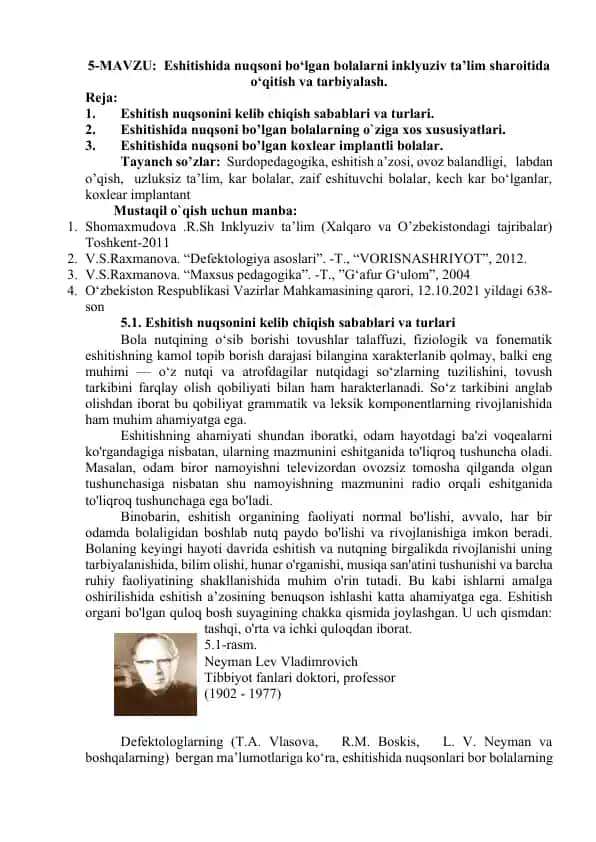 Eshitishida nuqsoni bo‘lgan bolalarni inklyuziv ta’lim sharoitida o‘qitish va tarbiyalash