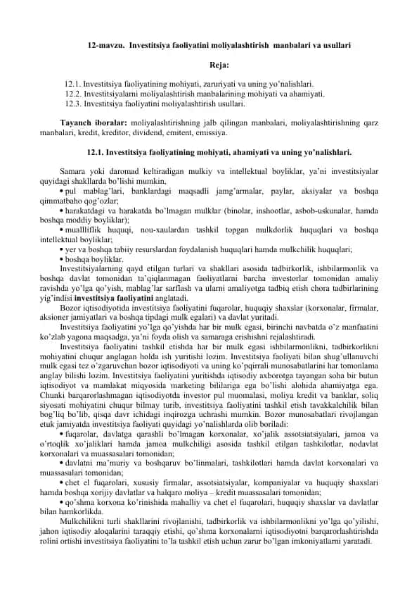 Investitsiya faoliyatini moliyalashtirish manbalari va usullari