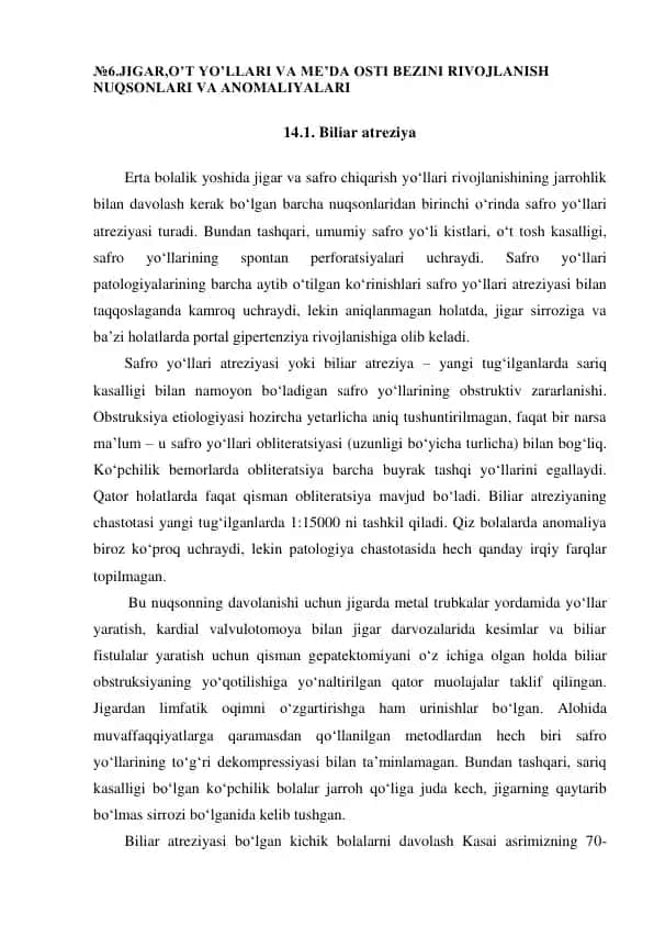 JIGAR, OʻT YOʻLLARI VA MEʼDA OSTI BEZINI RIVOJLANISH NUQSONLARI VA ANOMALIYALARI