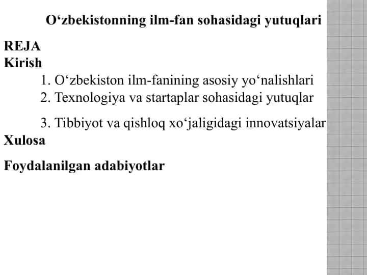O‘zbekistonning ilm-fan sohasidagi yutuqlari REJA