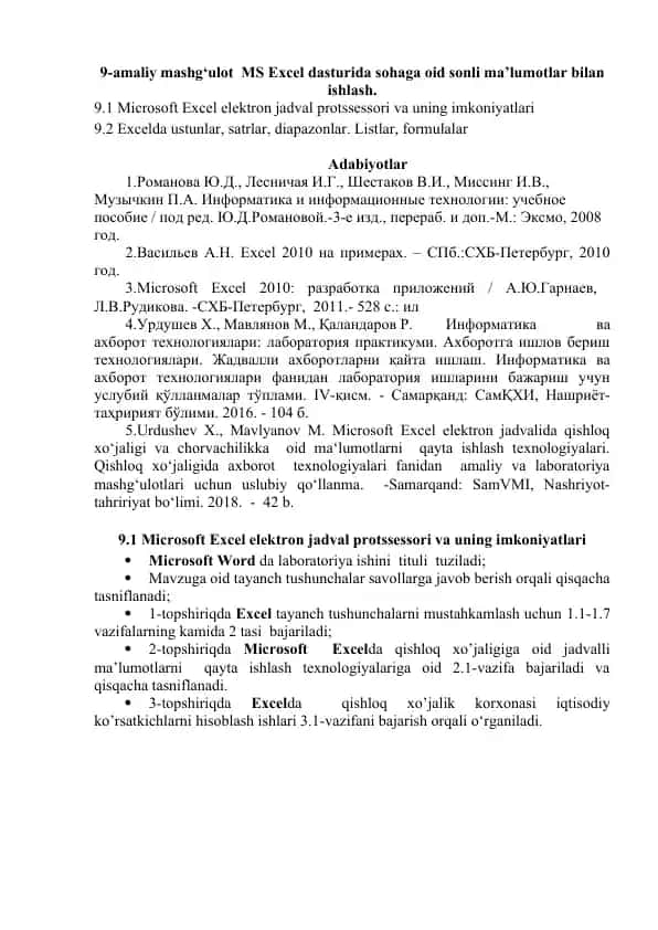 Microsoft Excel elektron jadval protssessori va uning imkoniyatlari
