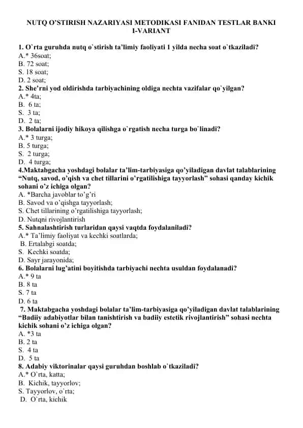 NUTQ O’STIRISH NAZARIYASI METODIKASI FANIDAN TESTLAR BANKI