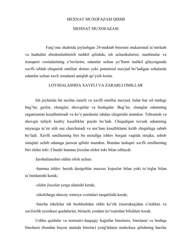 Xavfli va Zararli Omillar Bilan Ishlash