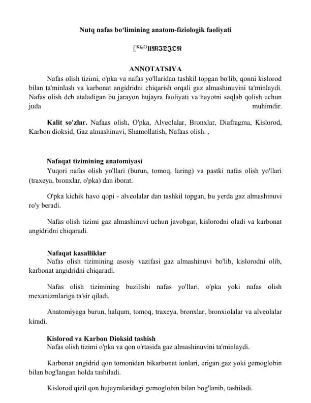 Nutq nafas boʻlimining anatom-fiziologik faoliyati