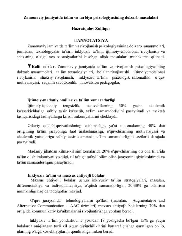 Zamonaviy jamiyatda ta’lim va tarbiya psixologiyasining dolzarb masalalari