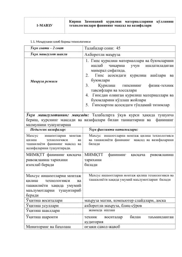 Замонавий қурилиш материалларини қўлланиш технологиялари фани