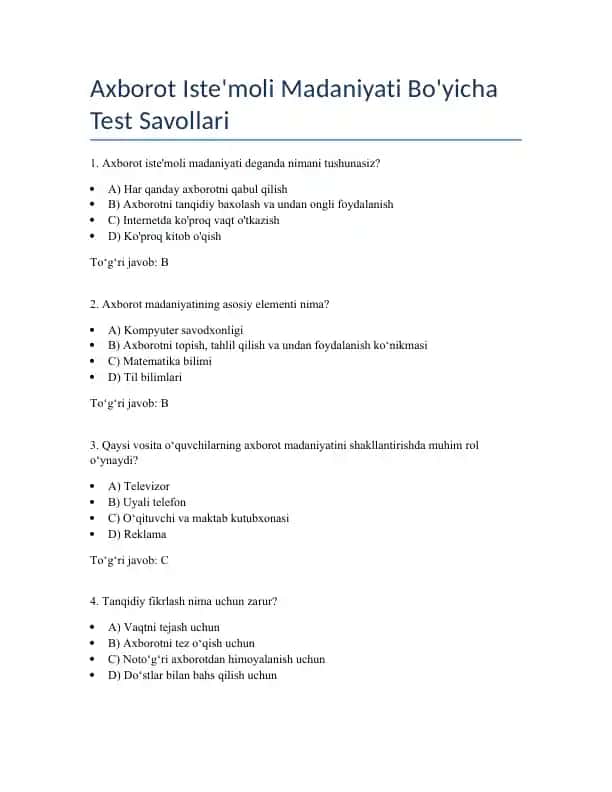 Axborot Iste'moli Madaniyati Bo'yicha Test Savollari