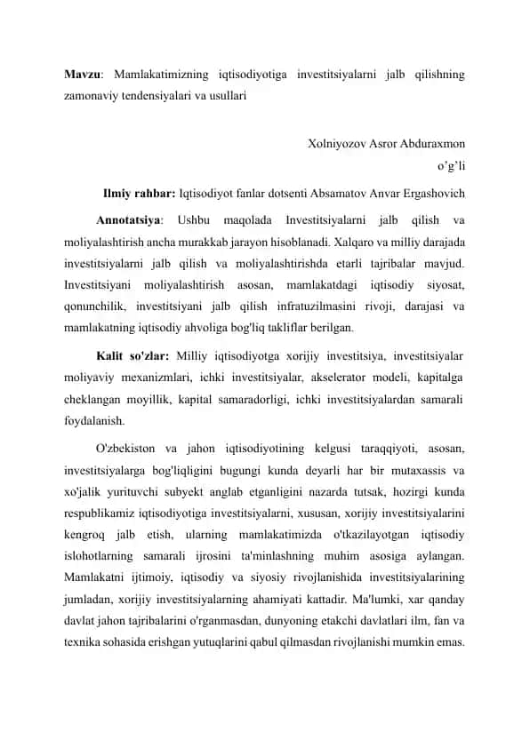 Mamlakatimizning iqtisodiyotiga investitsiyalarni jalb qilishning zamonaviy tendensiyalari va usullari