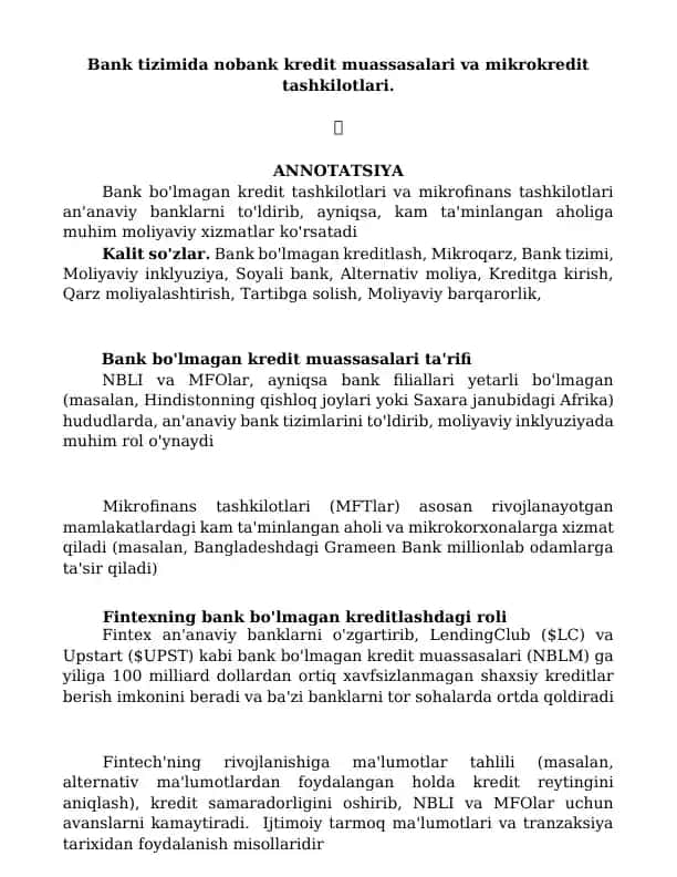 Bank tizimida nobank kredit muassasalari va mikrokredit tashkilotlari