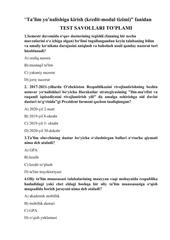 TEST SAVOLLARI TO’PLAMI: “Ta’lim yo’nalishiga kirish (kredit-modul tizimi)”