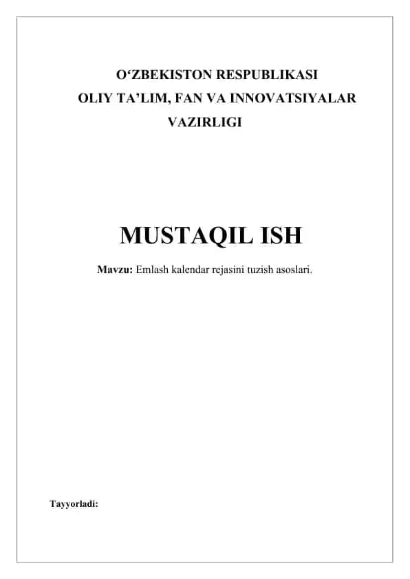 Emlash kalendar rejasini tuzish asoslari