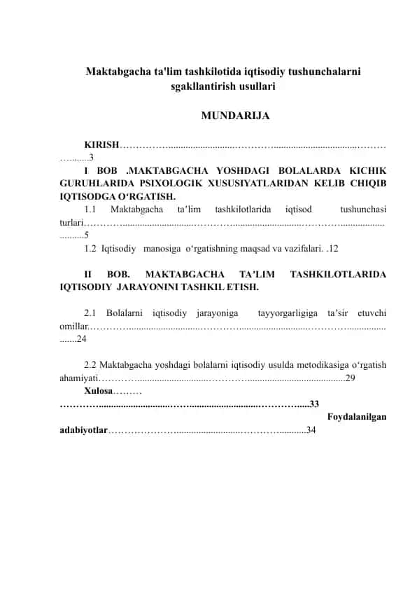 Maktabgacha ta'lim tashkilotida iqtisodiy tushunchalarni sgakllantirish usullari