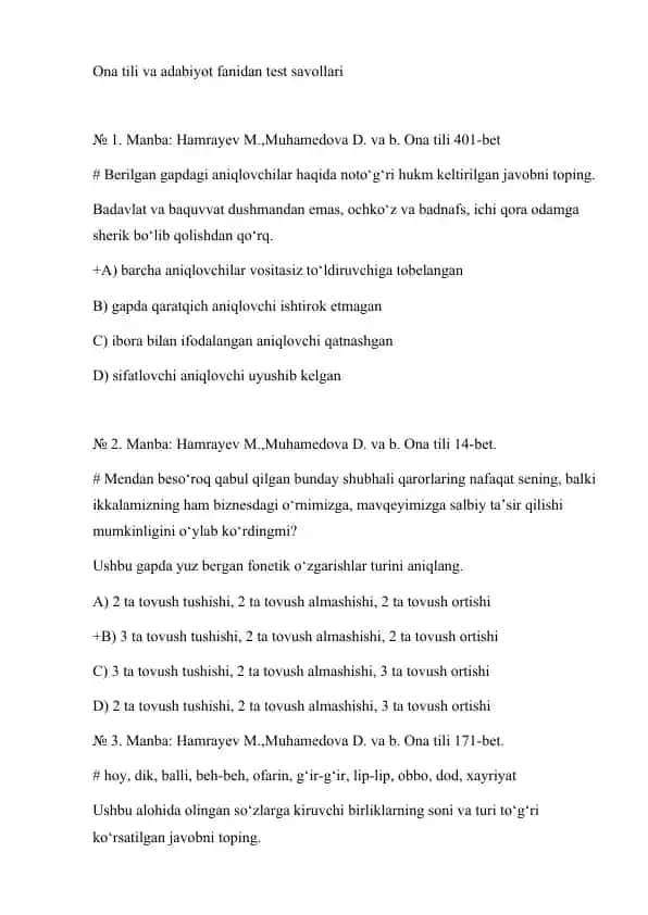 Ona tili va adabiyot fanidan test savollari