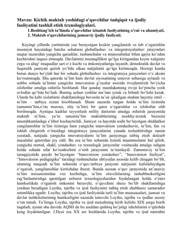 O'quvchi Tadqiqot va Ijodiy Faoliyat Texnologiyalari