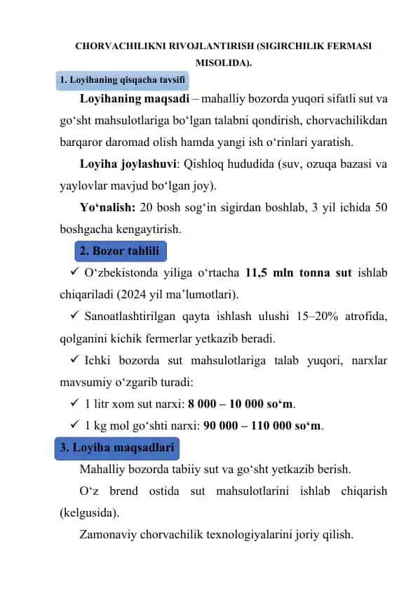 CHORVACHILIKNI RIVOJLANTIRISH (SIGIRCHILIK FERMASI MISOLIDA).
