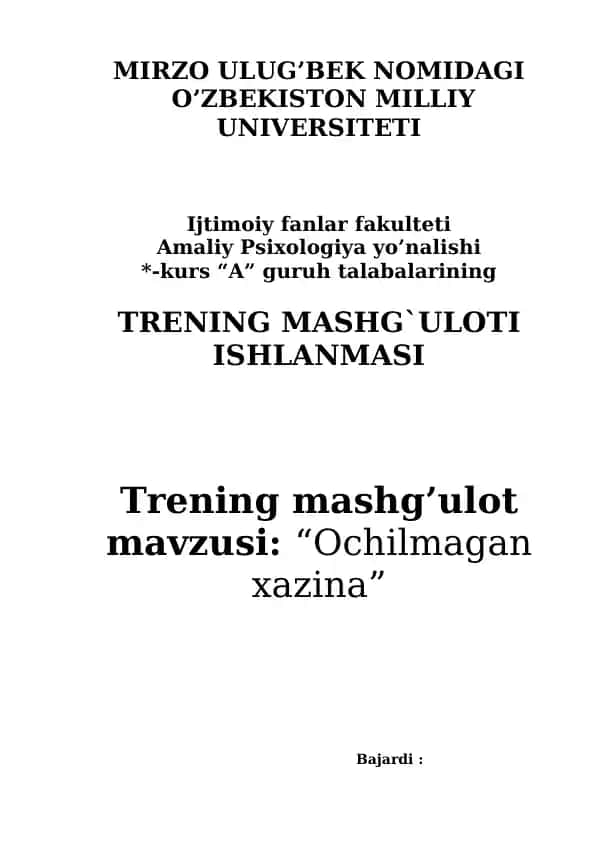 Ochilmagan xazina” mashg’ulotining rejasi
