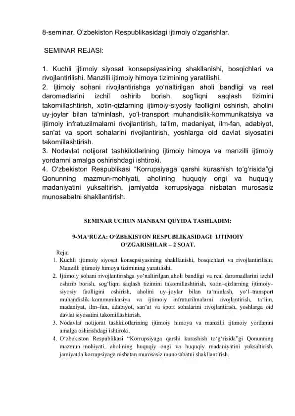 O‘zbekiston Respublikasidagi ijtimoiy o‘zgarishlar