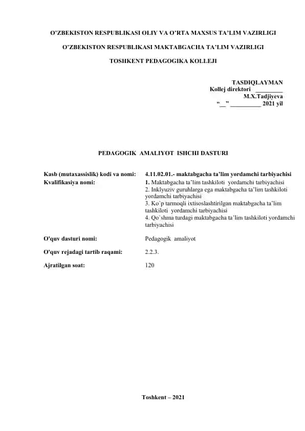 Pedagogik Amaliyot Ishchi Dasturi