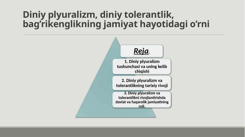 Diniy plyuralizm, diniy tolerantlik, bag’rikenglikning jamiyat hayotidagi o’rni