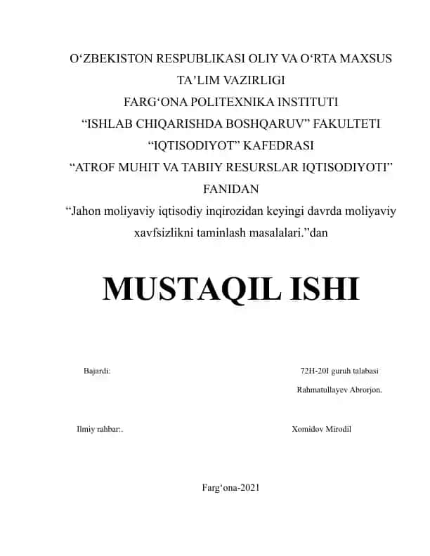 "ATROF MUHIT VA TABIIY RESURSLAR IQTISODIYOTI"