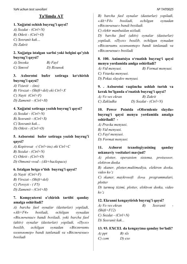 YaN uchun test savollari