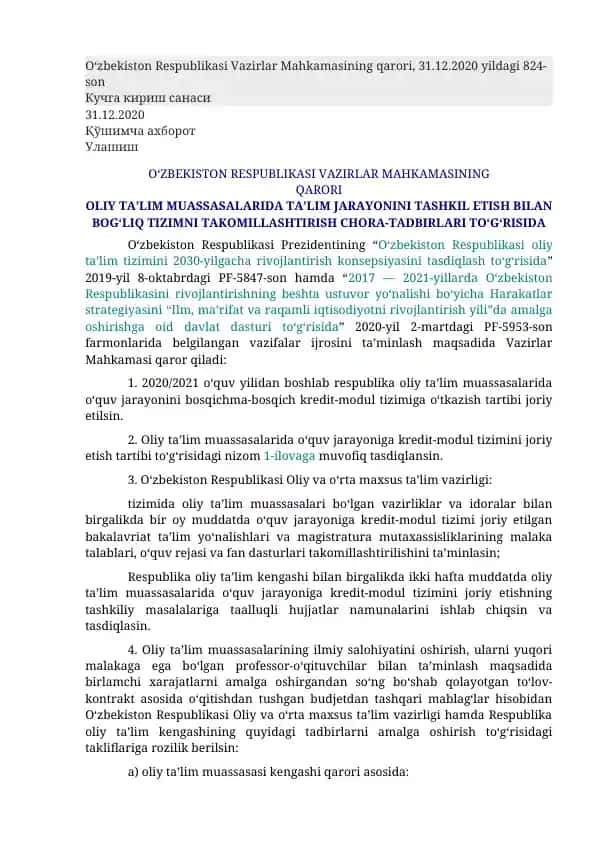 Oliy ta'lim muassasalarida ta'lim jarayonini kredit-modul tizimiga o'tkazishni takomillashtirish chora-tadbirlari to'g'risida qaror