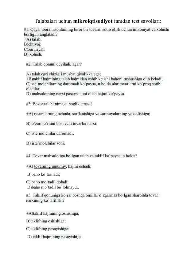 Mikroiqtisodiyot fanidan test savollari