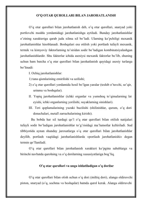 O'Q OTAR QUROLLARI BILAN JAROHATLANISH