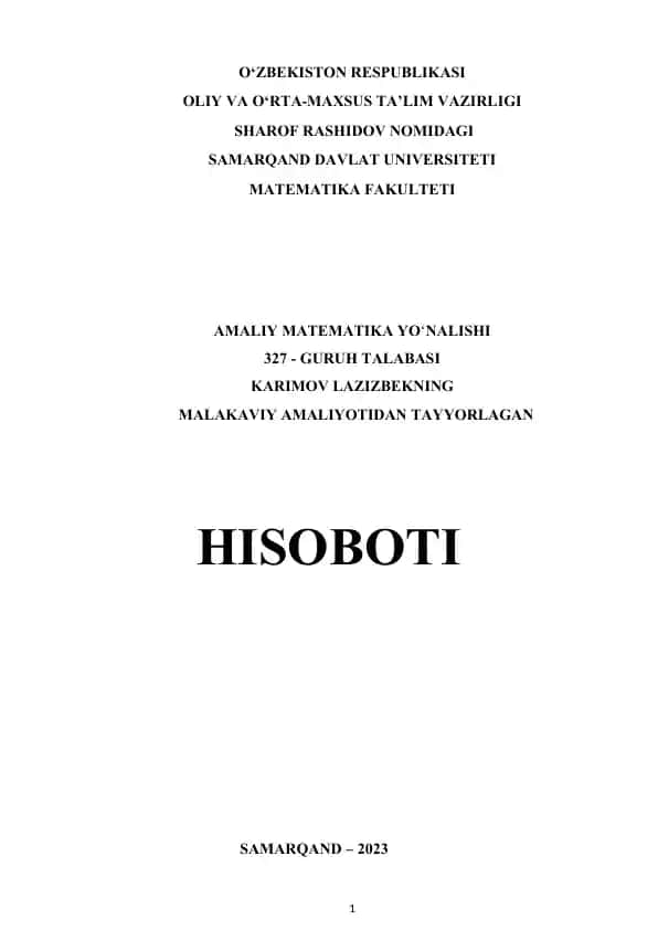Guruh talabasi Karimov Lazizbekning malakaviy amaliyoti